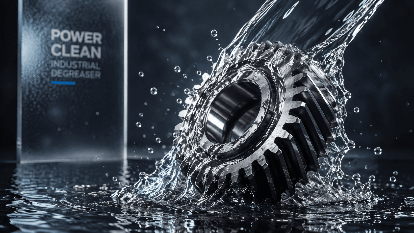 Steel gear splashing through water, branded Power Clean industrial degreaser