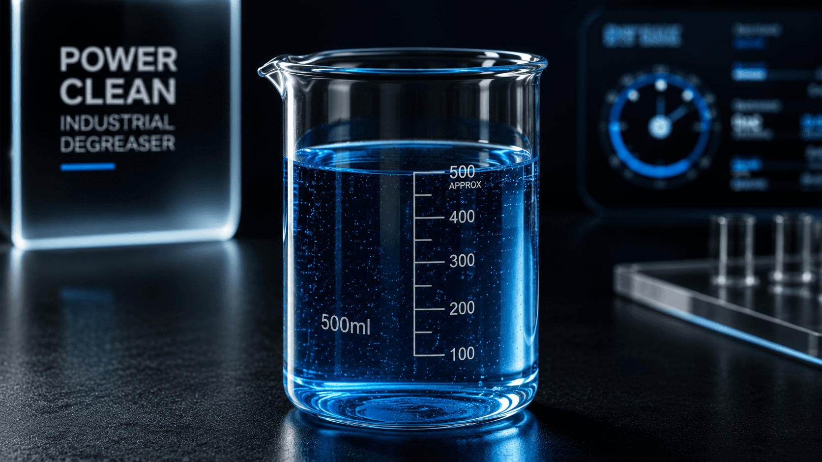 Power Clean industrial degreaser being measured in a beaker in the applications lab