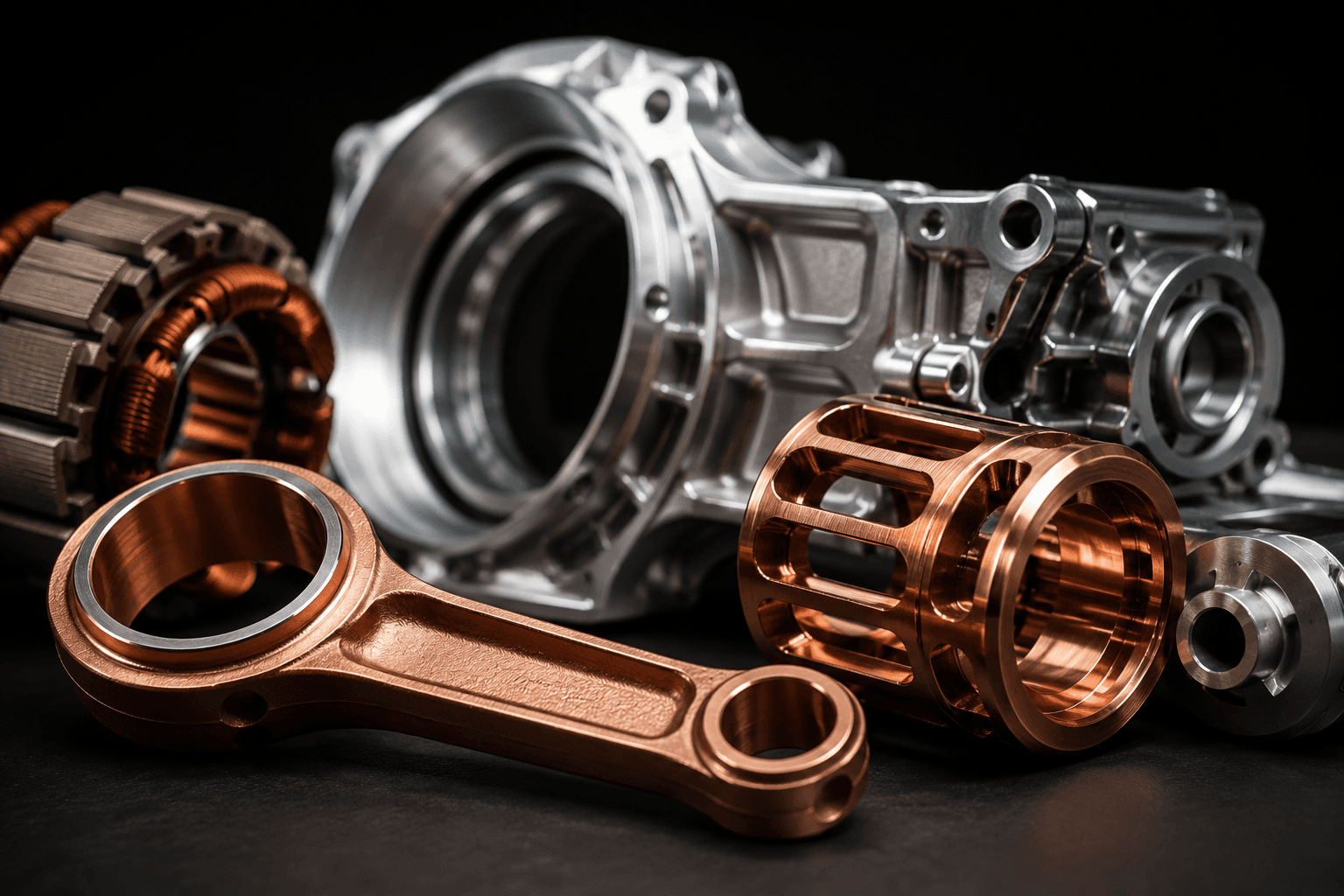 Precision-cleaned machined components — aluminium housing, copper connecting rod and stator — after a Power Clean wash cycle
