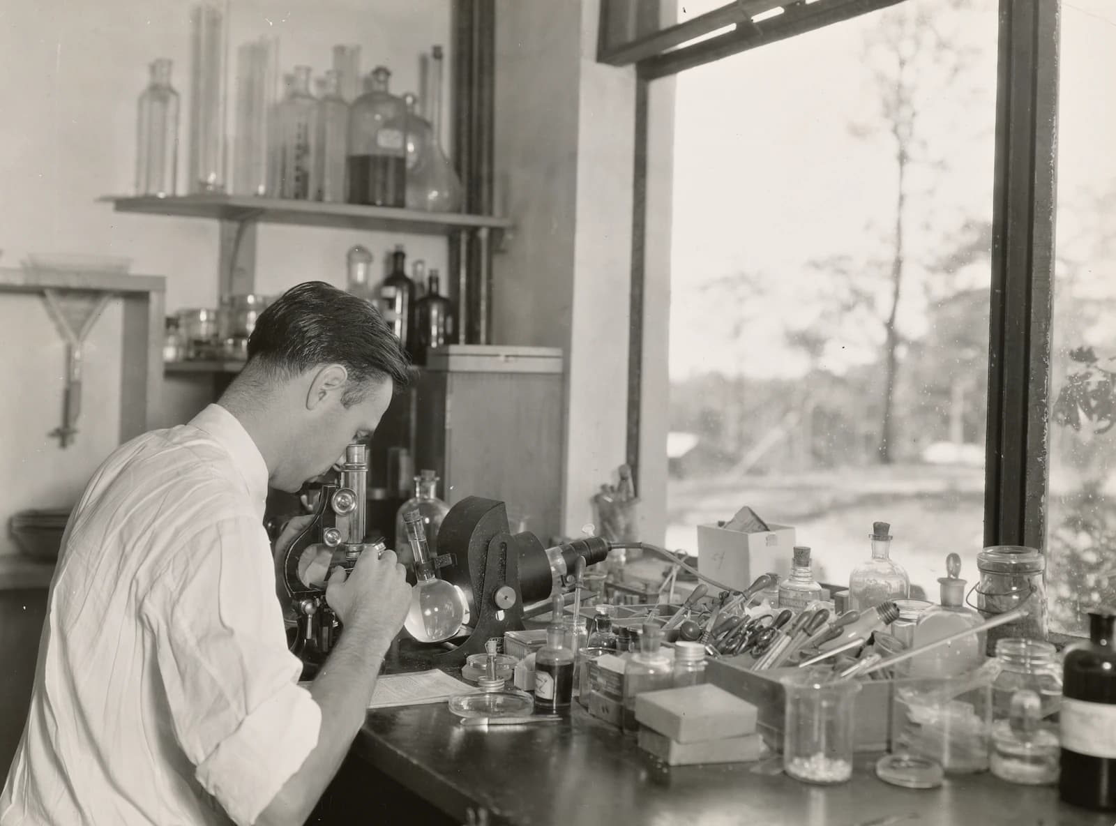 Archive photograph of early formulation work in the chemistry laboratory