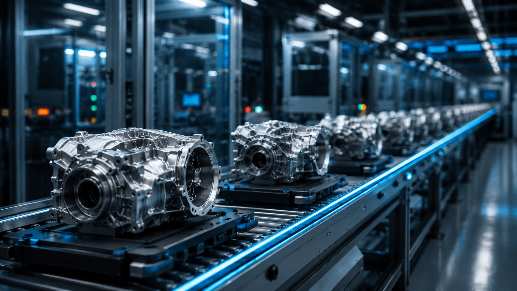Automated production line carrying cleaned aluminium housings through a plant